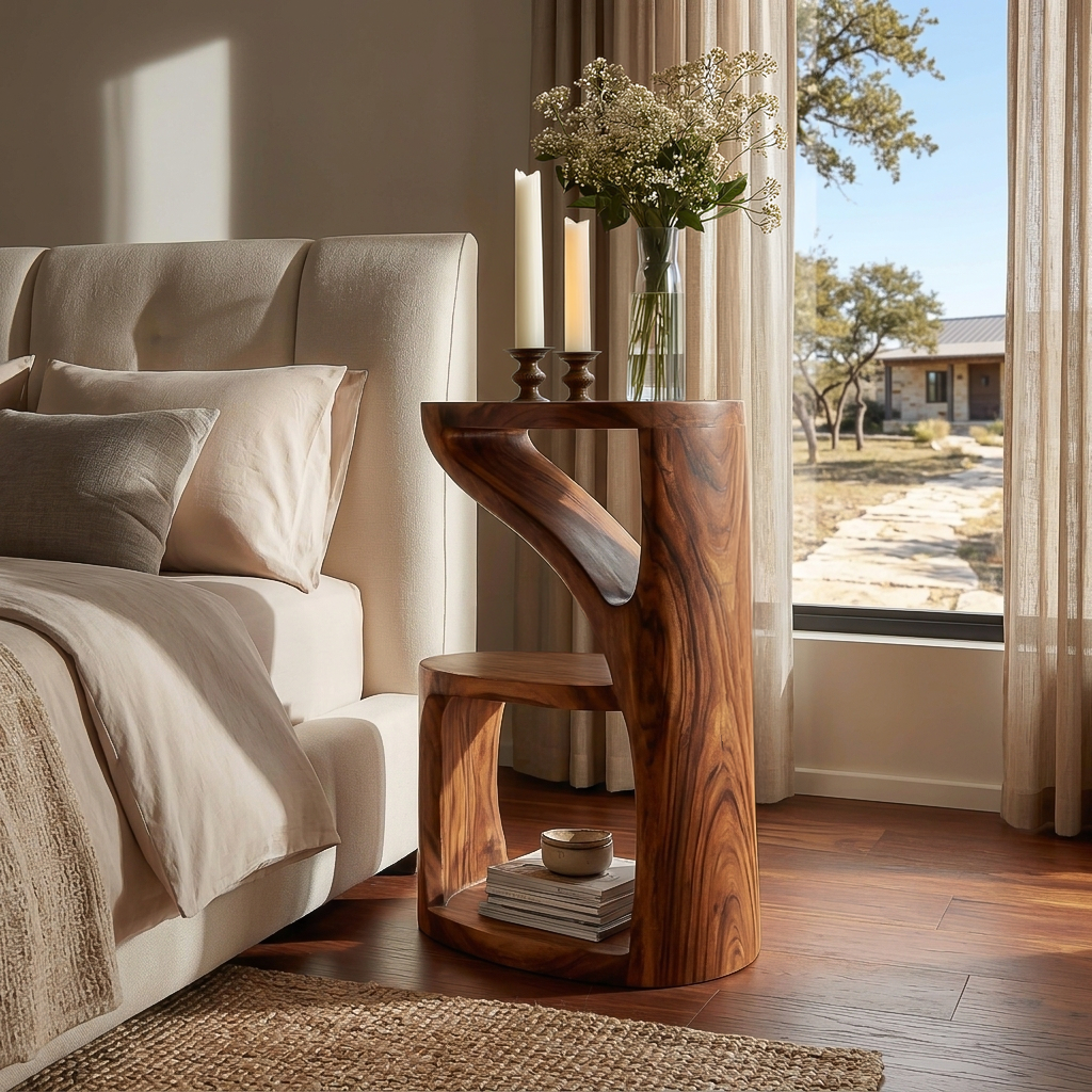 Elegant Wooden Nightstand With Sculptural Two Level For Bedroom
