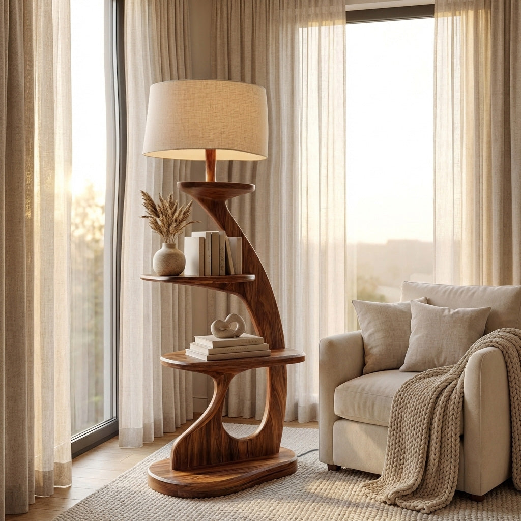 Modern Wooden Floor Lamp With 2-Tier Shelving Unit For Home
