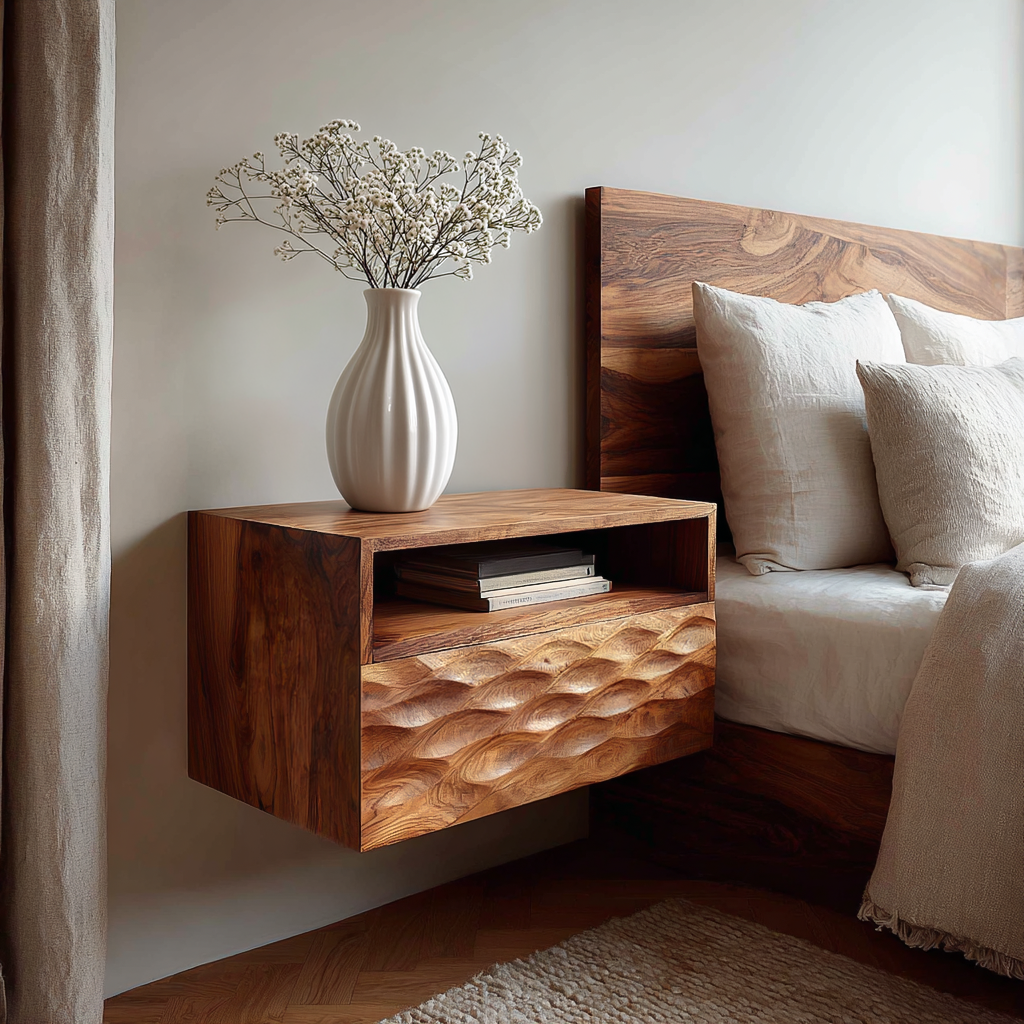Modern Wooden Wall Mounted Nightstand With Open Shelf For Bedroom