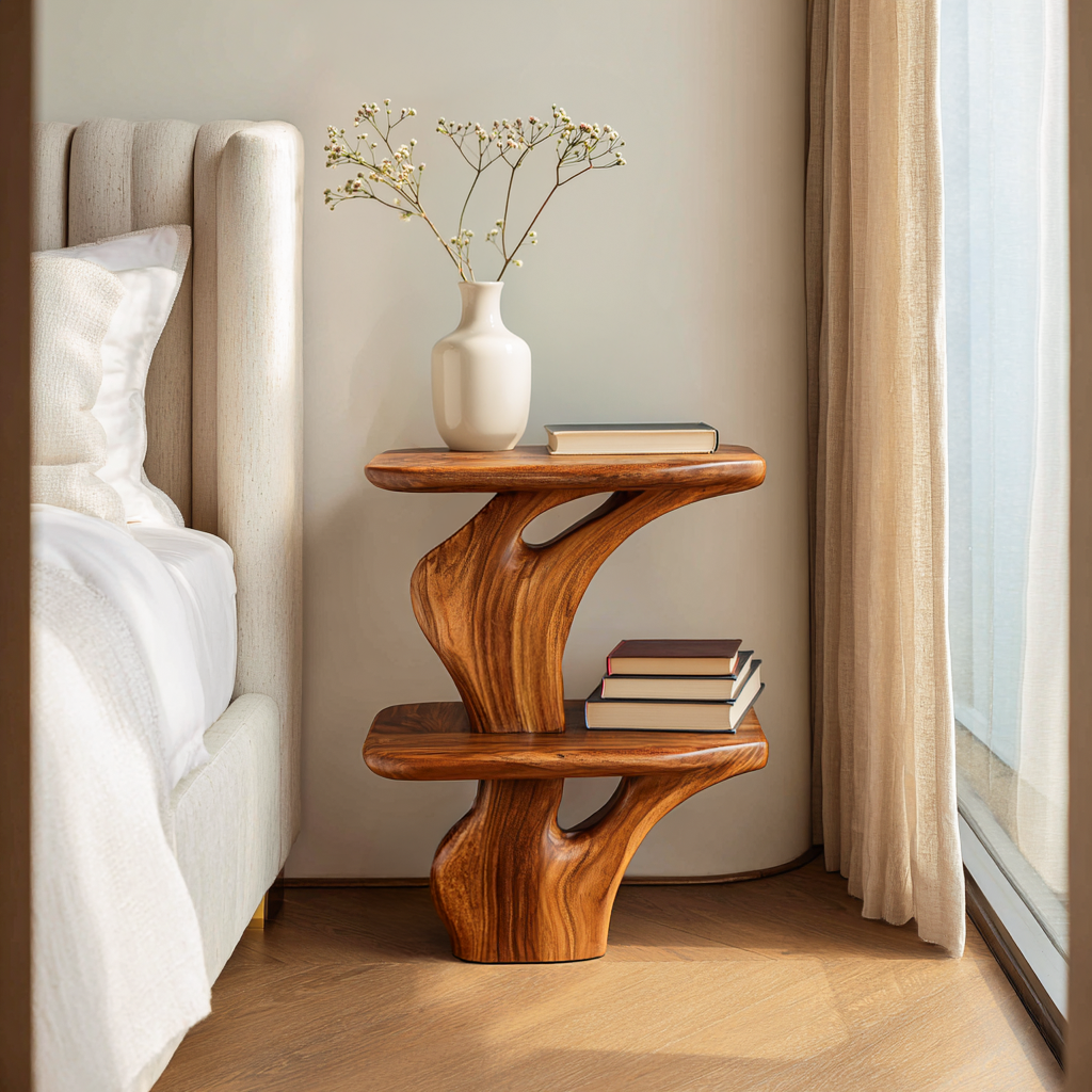 Handcrafted Wooden Nightstand Unique Two Tier Design For Bedroom