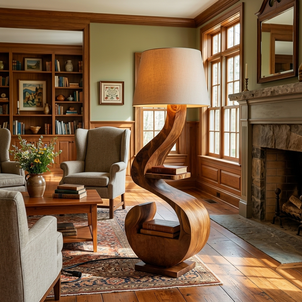 Sculptural Natural Wood Floor Lamp With Shelf For Living Room