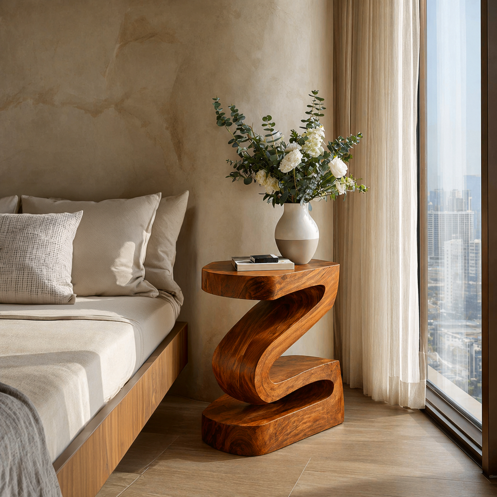 Elegant Natural Wood Nightstand With Curved Form For Bedroom