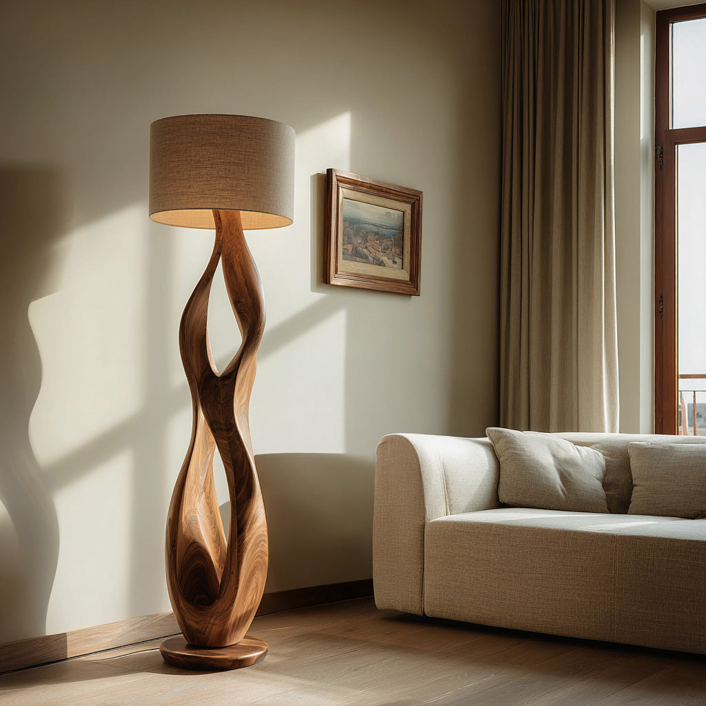 Minimalist Wooden Lamp With Drum Shade For Bedroom