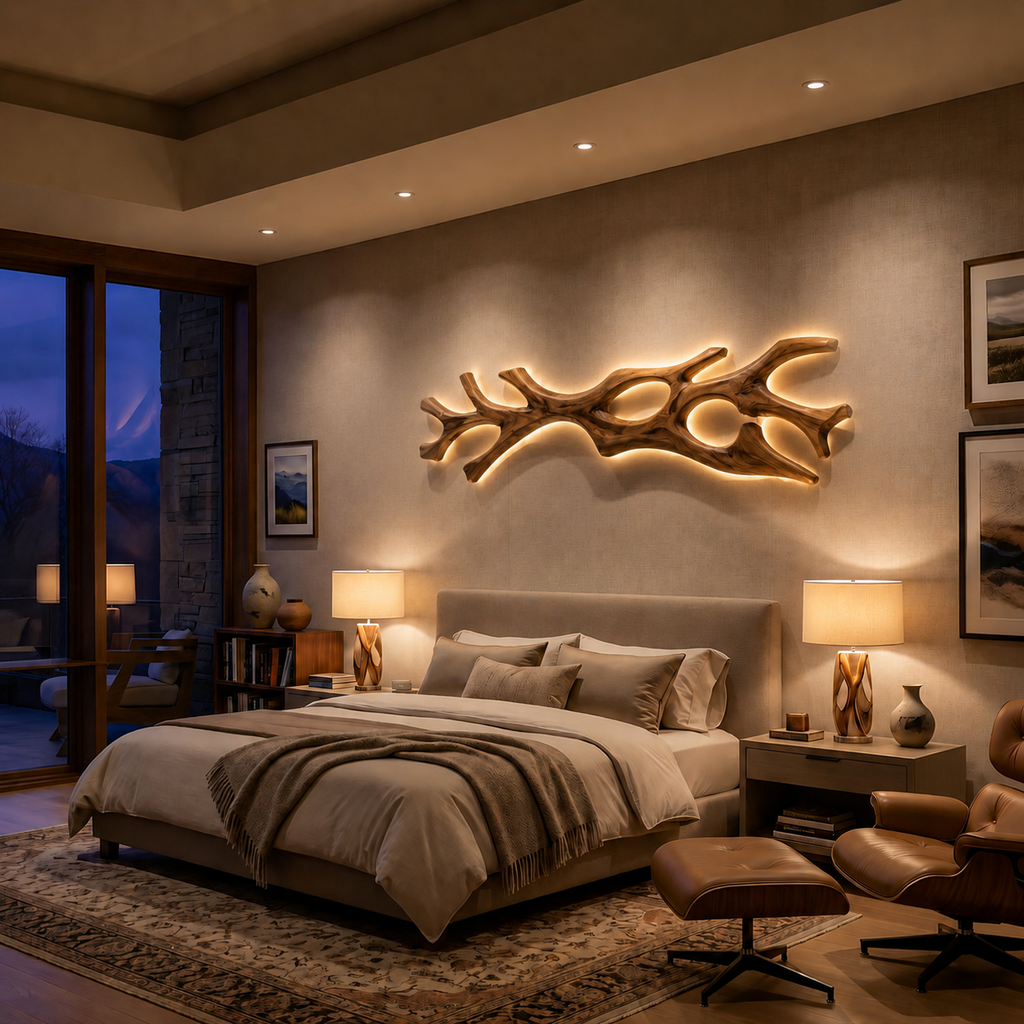 Wooden LED Wall Sculpture Flowing Organic Root Design For Above Bed Decor