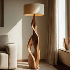 Sculptural Wooden Floor Lamp With Fabric Shade For Bedroom