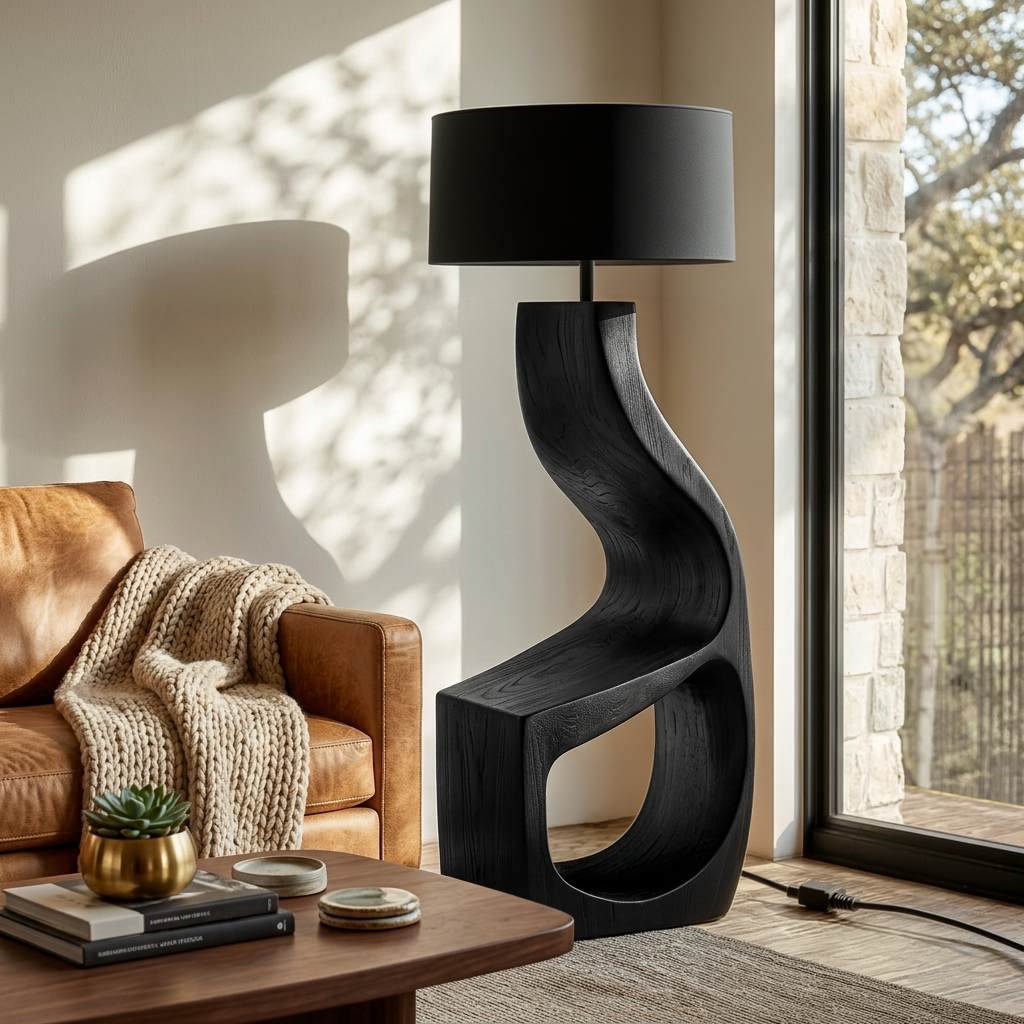 Artistic Natural Wood Standing Lamp With Shelf For Home Library