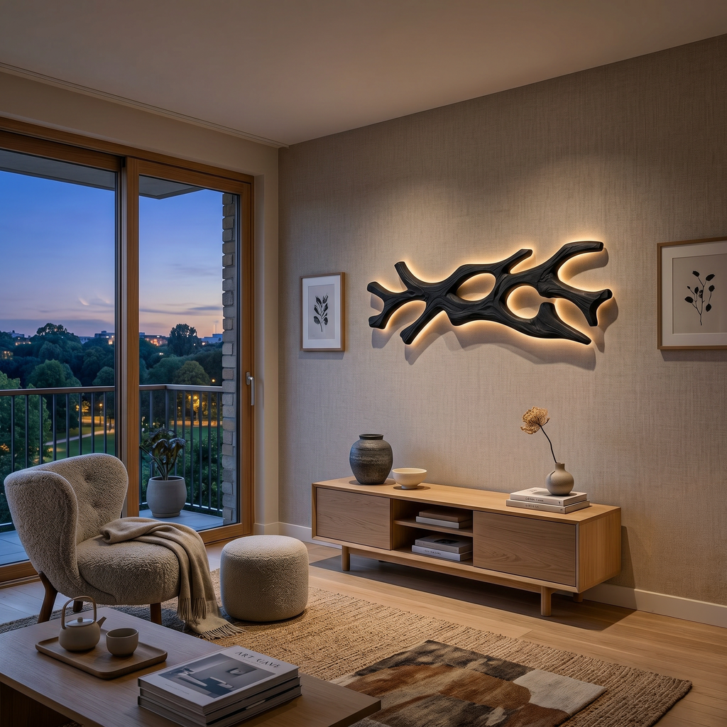 Wooden LED Wall Sculpture Flowing Organic Root Design For Above Bed Decor