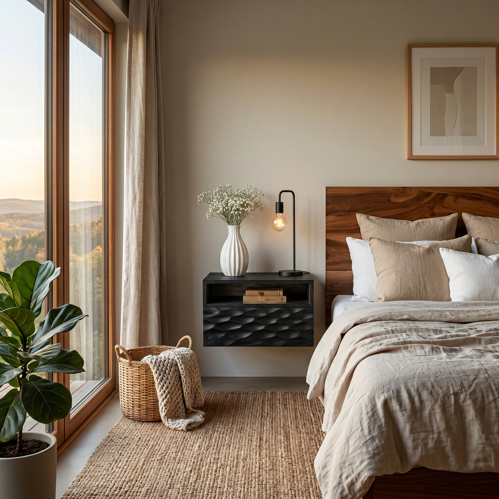 Modern Wooden Wall Mounted Nightstand With Open Shelf For Bedroom