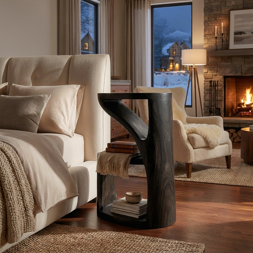 Elegant Wooden Nightstand With Sculptural Two Level For Bedroom
