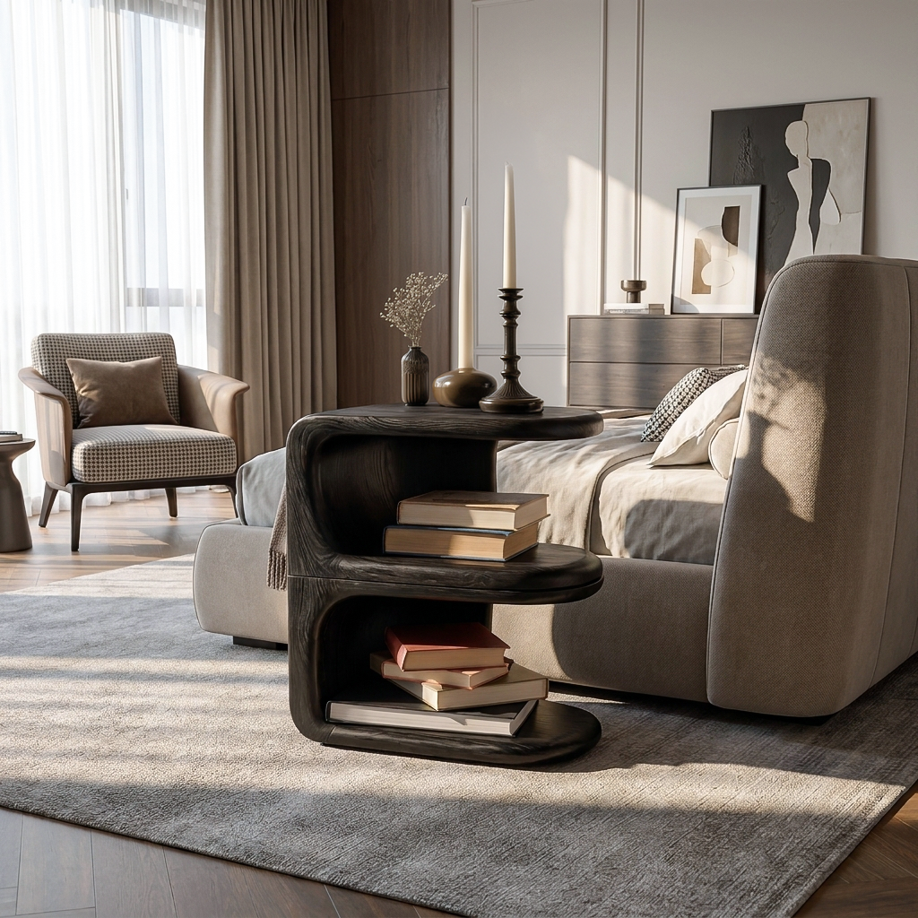 Organic Wooden Nightstand With Unique E-shape For Bedroom