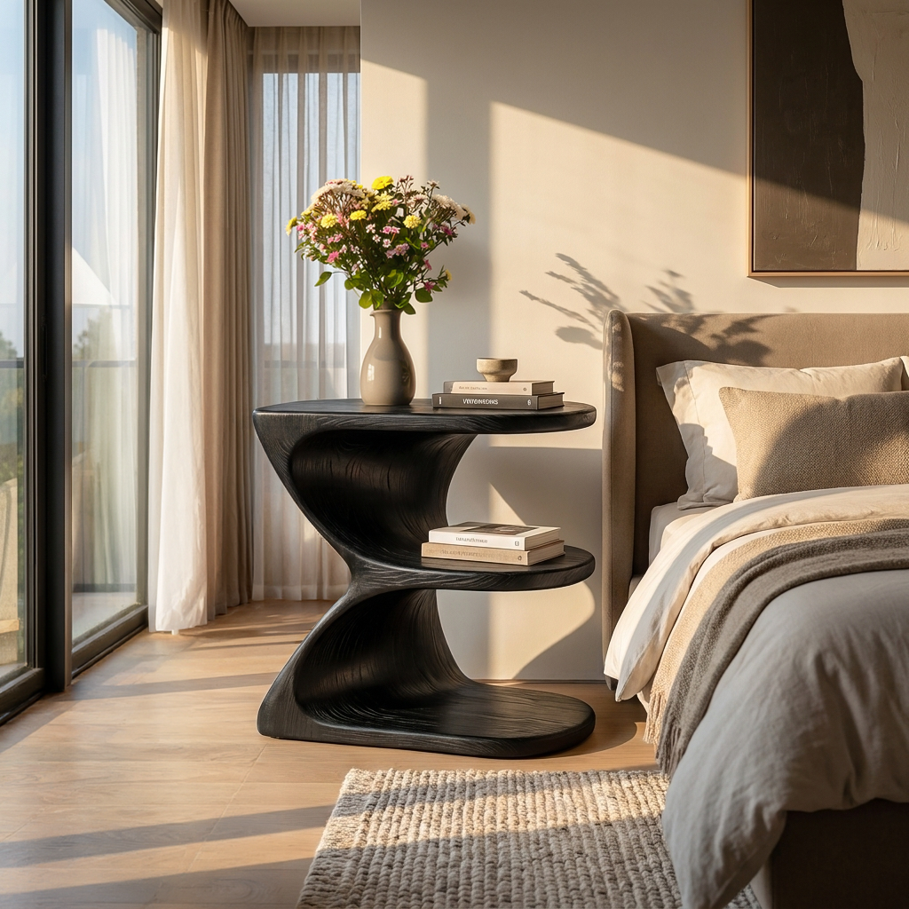 Modern Natural Wood Nightstand With E Shape For Bedroom