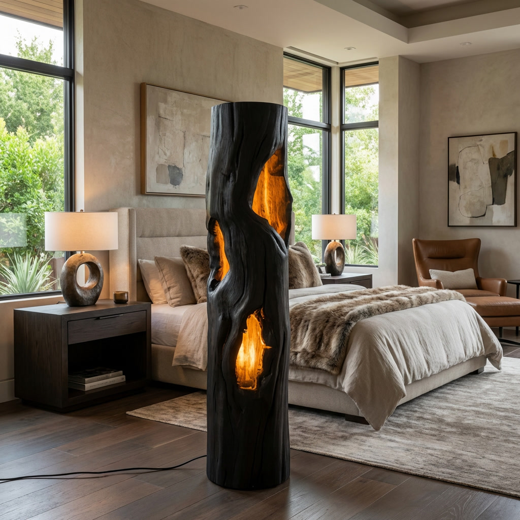 Handcrafted Wooden Floor Lamp With Multi Hollow For Home Decor