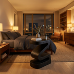 Elegant Natural Wood Nightstand With Curved Form For Bedroom