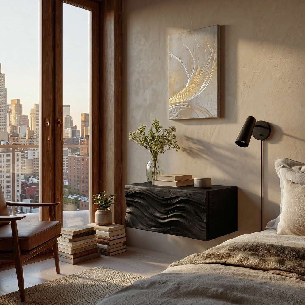 Contemporary Wooden Wall Mounted Nightstand For Bedroom Storage