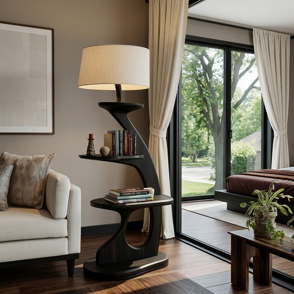 Modern Wooden Floor Lamp With 2-Tier Shelving Unit For Home