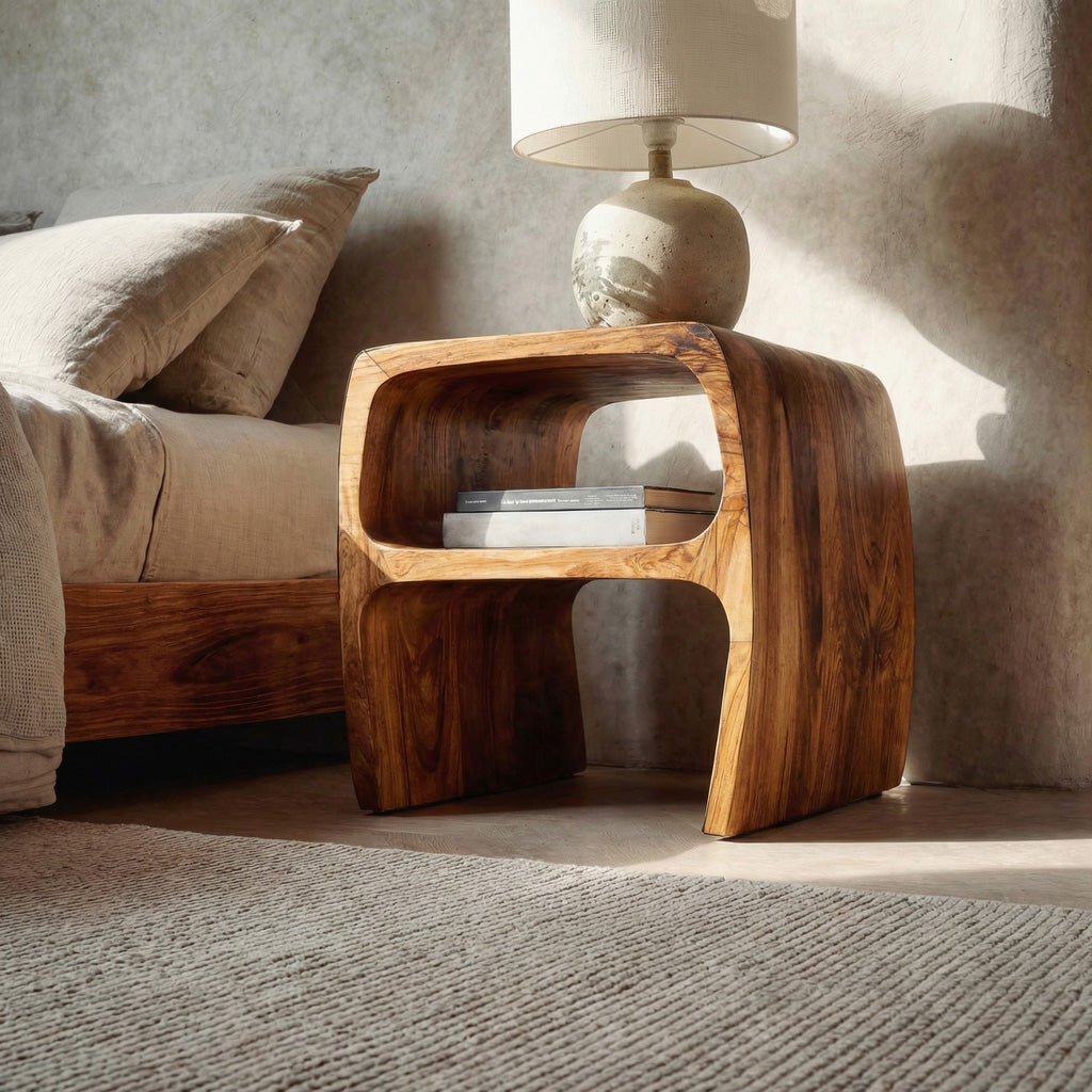 Modern Sculptural Nightstand With Open Storage For Bedroom