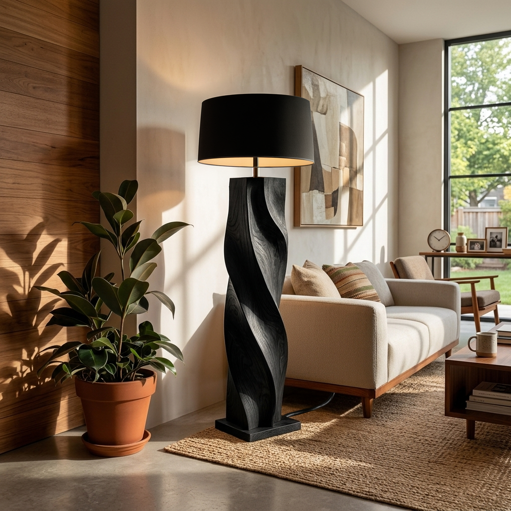 Organic Wooden Floor Lamp Twisted Design For Bedroom