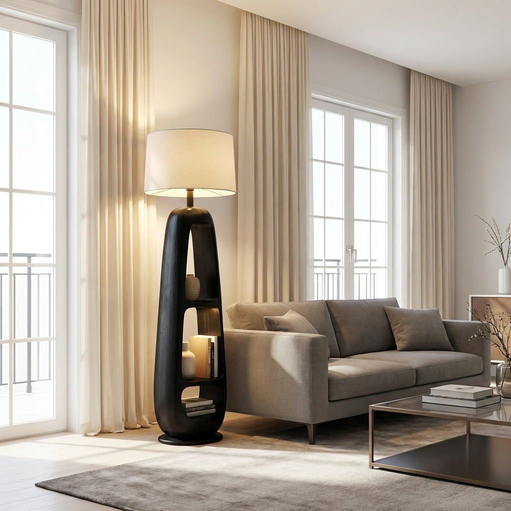 Minimalist Wooden Floor Lamp With Multiple Shelves For Living Decor