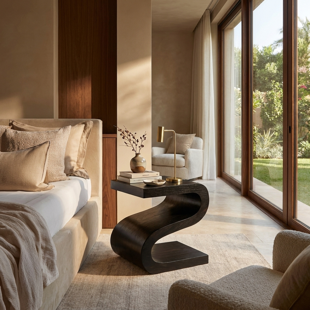 Artistic Wooden Nightstand With Undulating Shape For Bedroom
