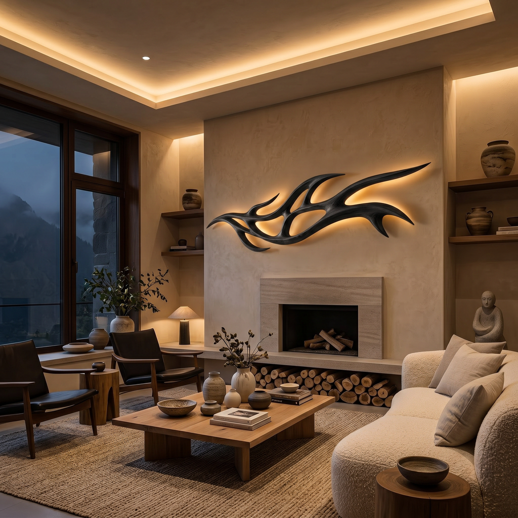 Organic Carved Wood LED Wall Sculpture Branch Design For Above Bed Decor