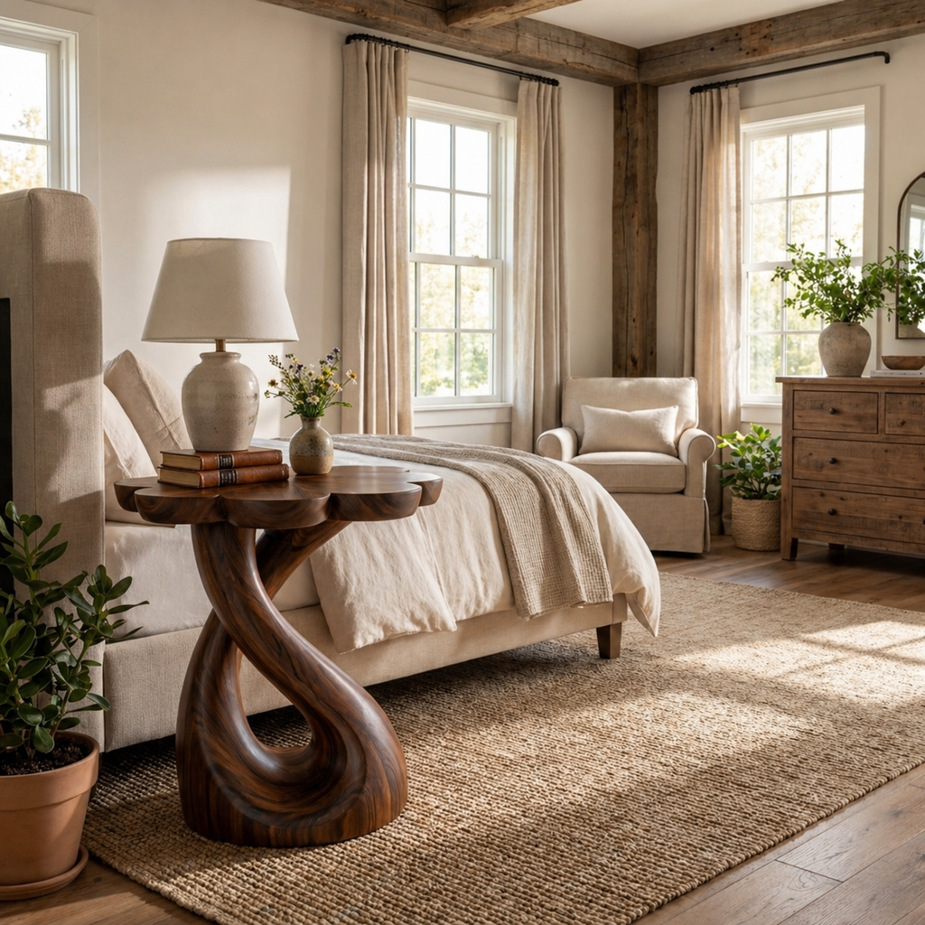 Handcrafted Wooden Nightstand With Floral-shaped Tabletop For Bedroom