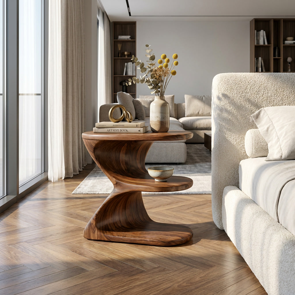 Modern Natural Wood Nightstand With E Shape For Bedroom