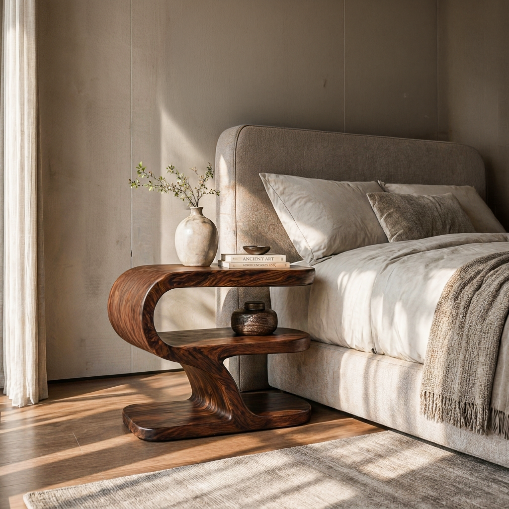 Wooden Nightstand With Sculptural Tier For Cozy Bedroom