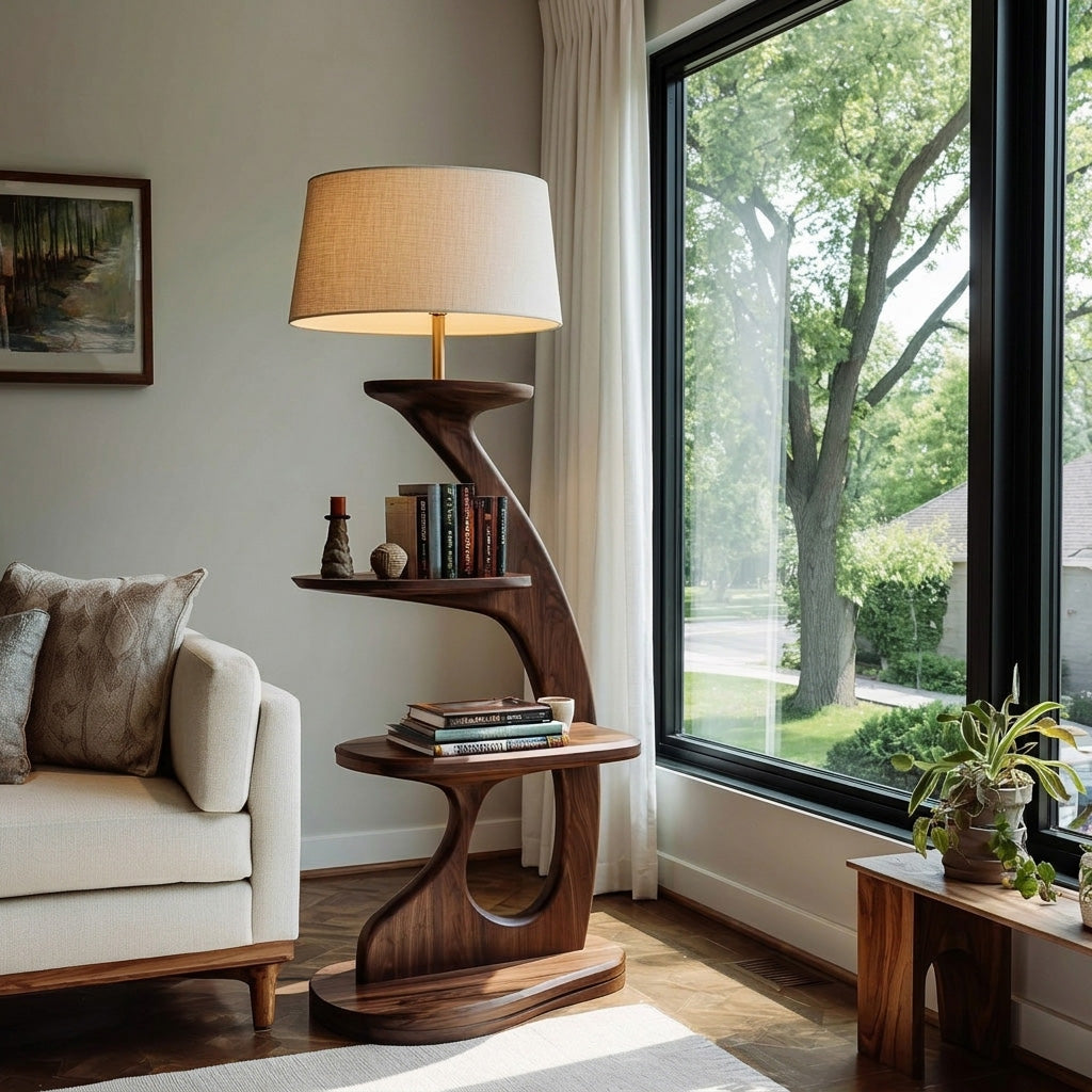 Modern Wooden Floor Lamp With 2-Tier Shelving Unit For Home