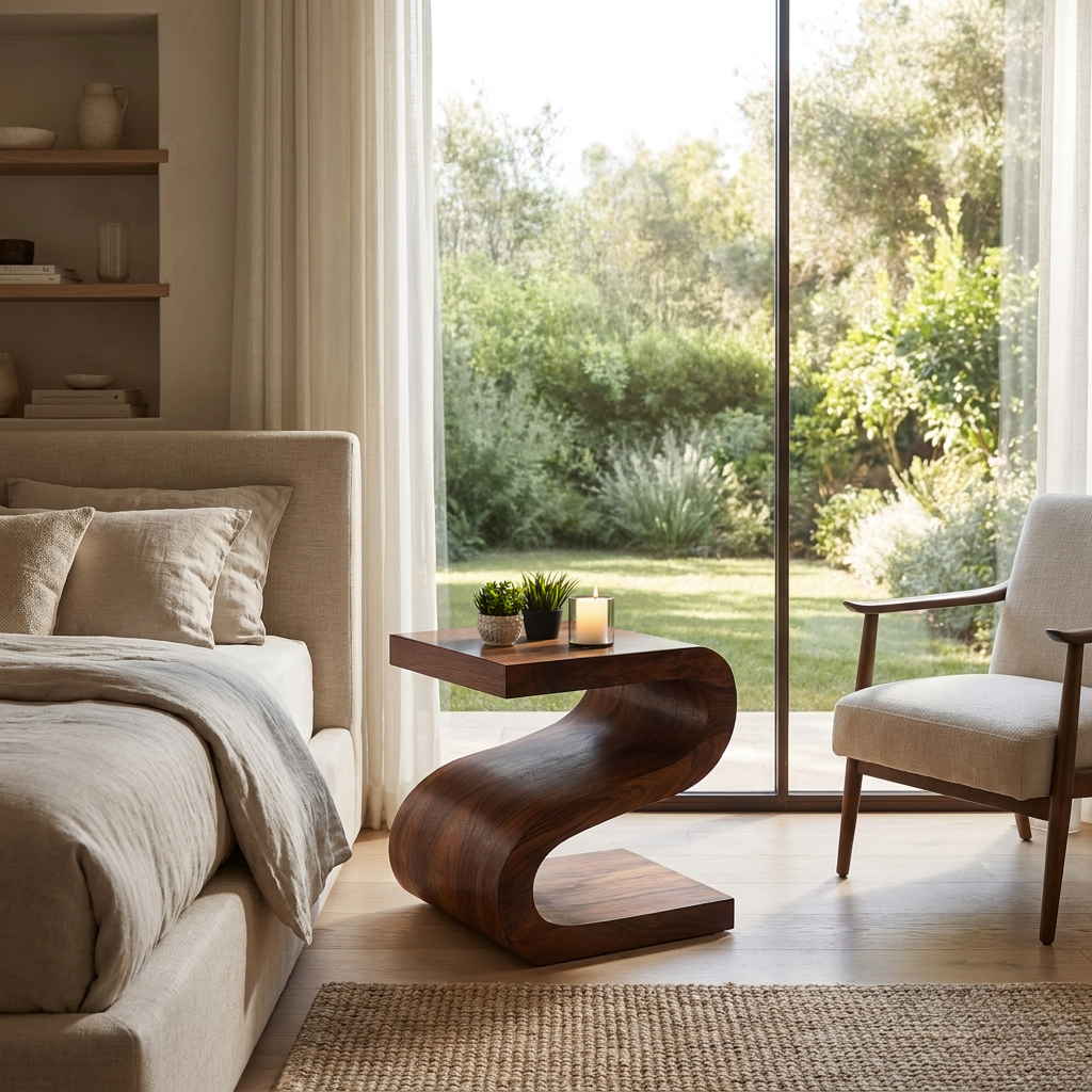 Artistic Wooden Nightstand With Undulating Shape For Bedroom