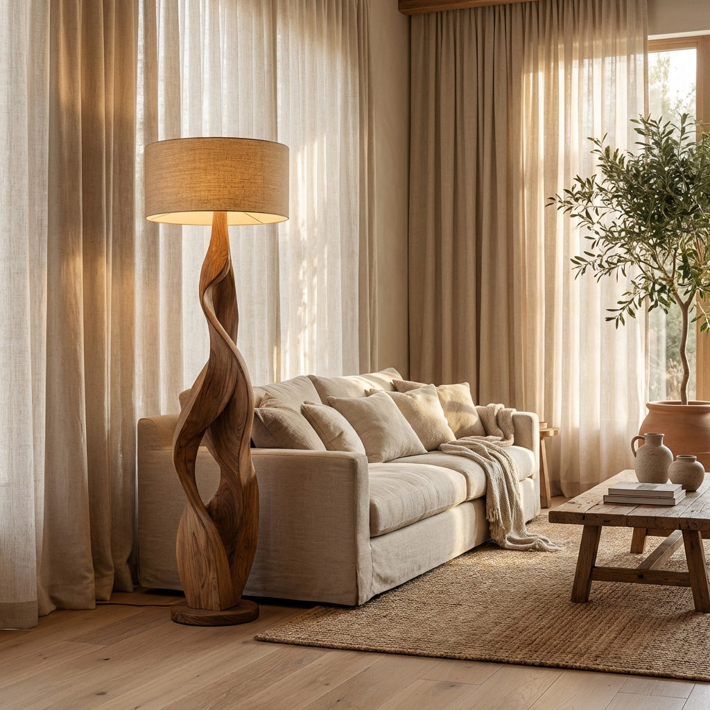 Sculptural Wooden Floor Lamp With Fabric Shade For Bedroom