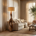 Sculptural Wooden Floor Lamp With Fabric Shade For Bedroom
