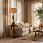 Sculptural Wooden Floor Lamp With Fabric Shade For Bedroom