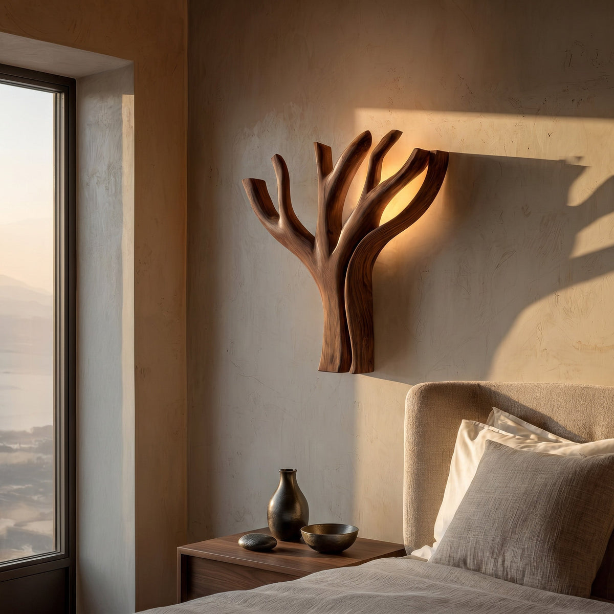 Modern Sculptural Wooden Lamp For Elegant Bedroom Interior