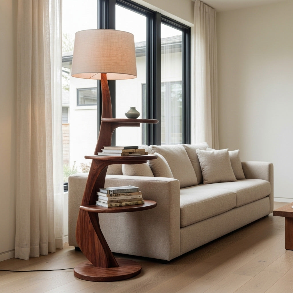 Contemporary Wooden Floor Lamp With Shelf For Living Room