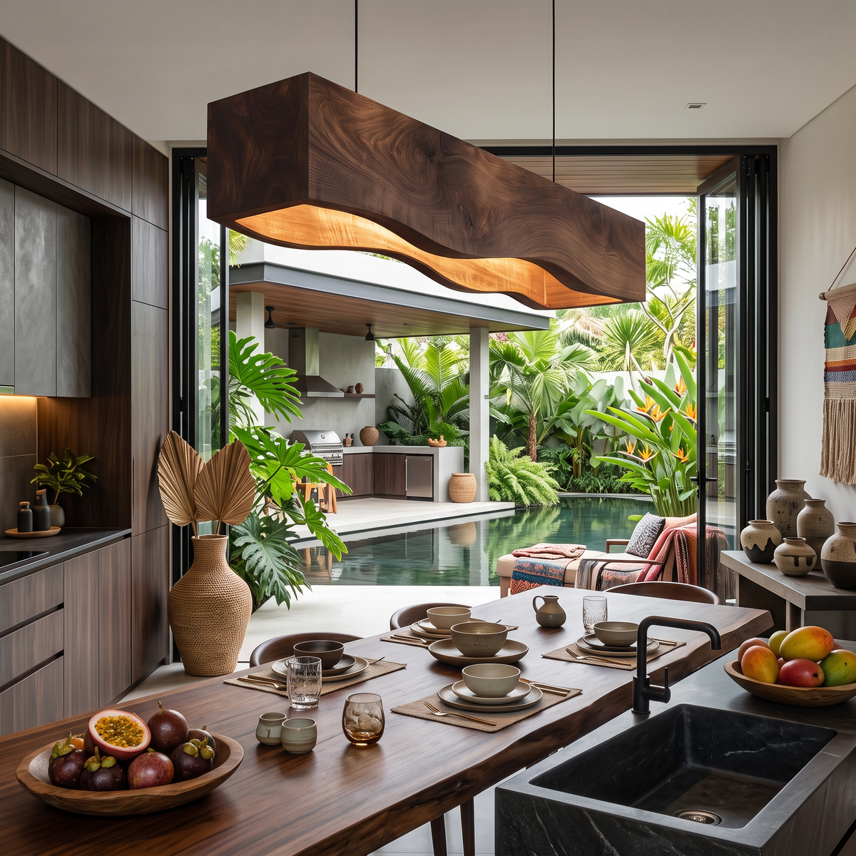 Long Wooden Pendant Light For Dining Tables