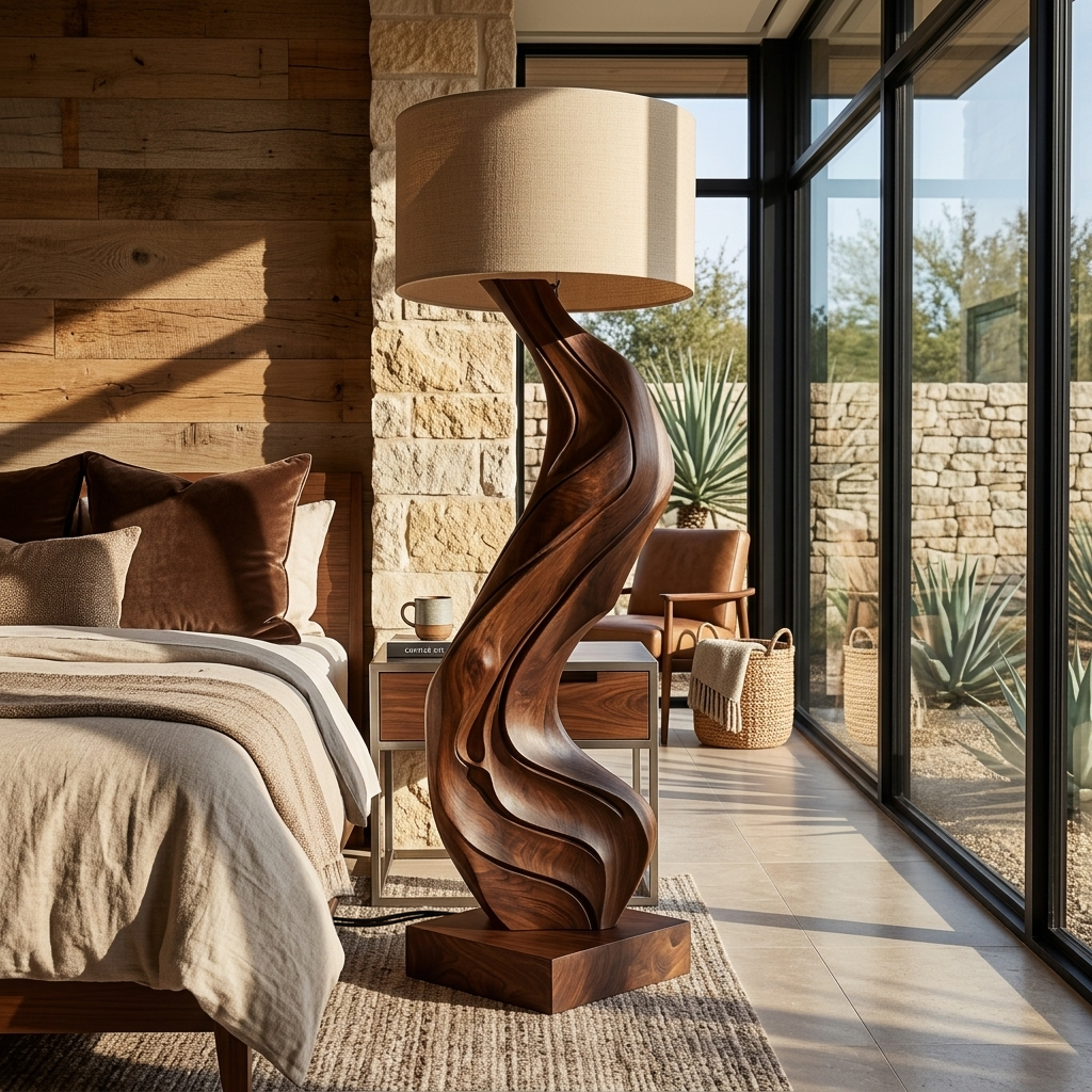 Modern Natural Wood Floor Lamp Flowing Form For Sitting Area