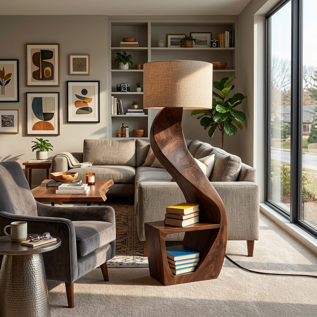 Organic Wood Floor Lamp With Storage Shelf For Bedroom