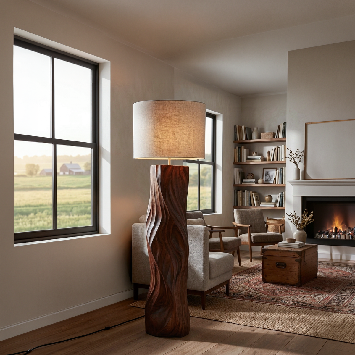 Contemporary Wood Floor Lamp Sculptural Design For Home Lobby