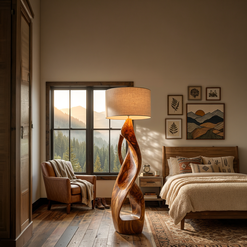 Modern Wooden Floor Lamp Twisted Body For Guest Room