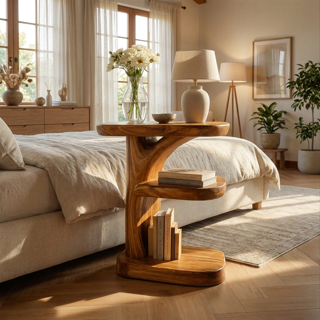 Organic Wooden Nightstand With Storage Shelf For Bedroom