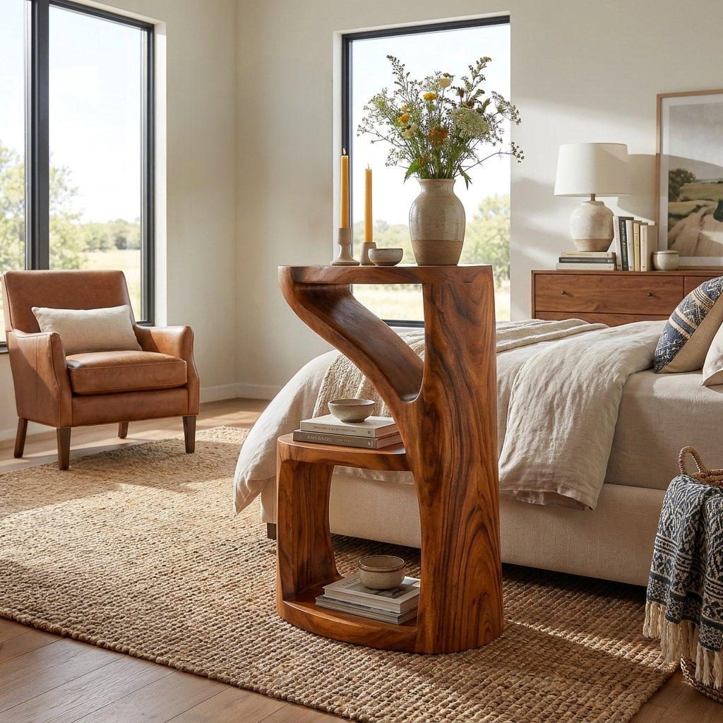 Elegant Wooden Nightstand With Sculptural Two Level For Bedroom