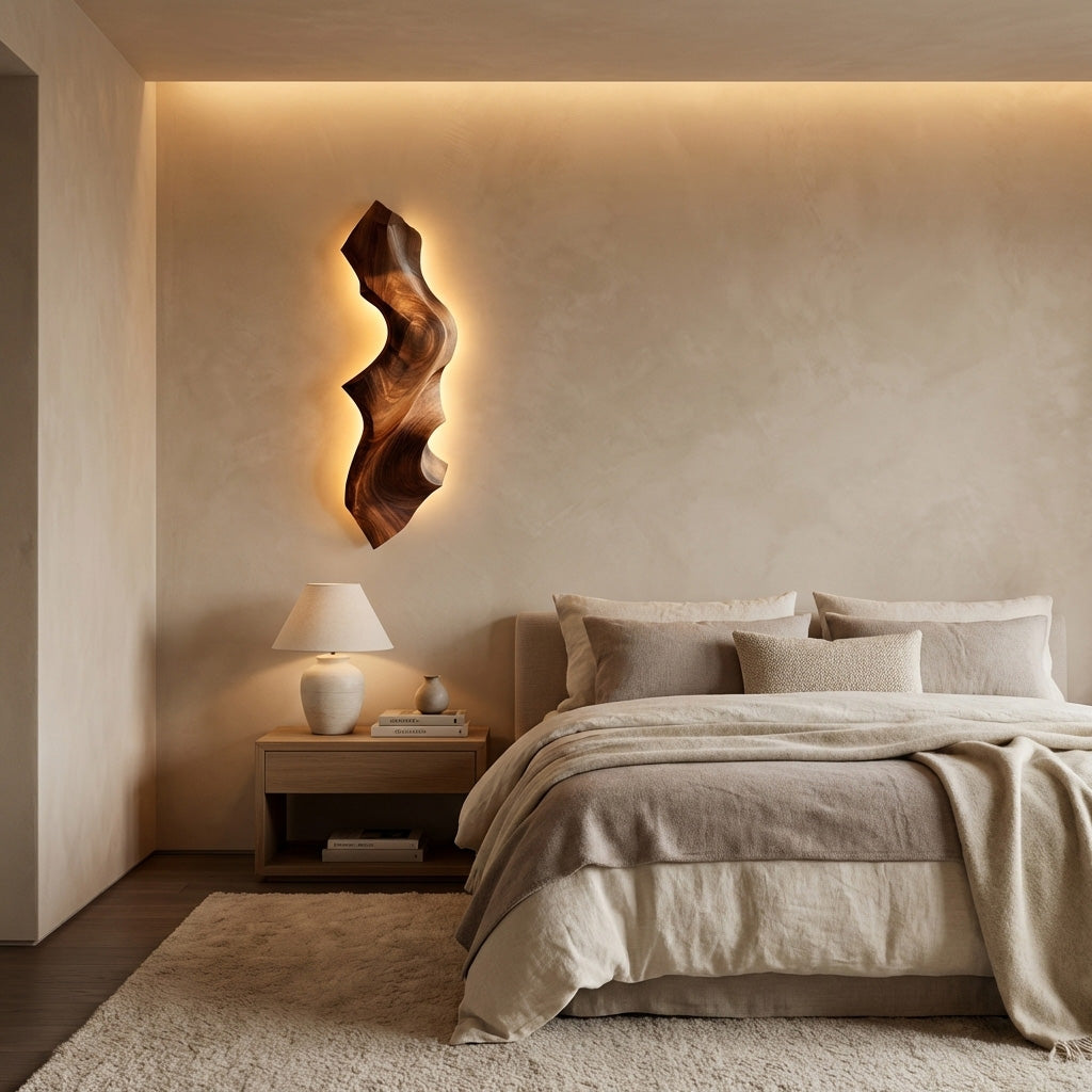 Contemporary Sculptural Wood Wall Light For Bedroom Decor