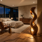 Artistic Wooden Floor Lamp With Flowing Form For Bedroom