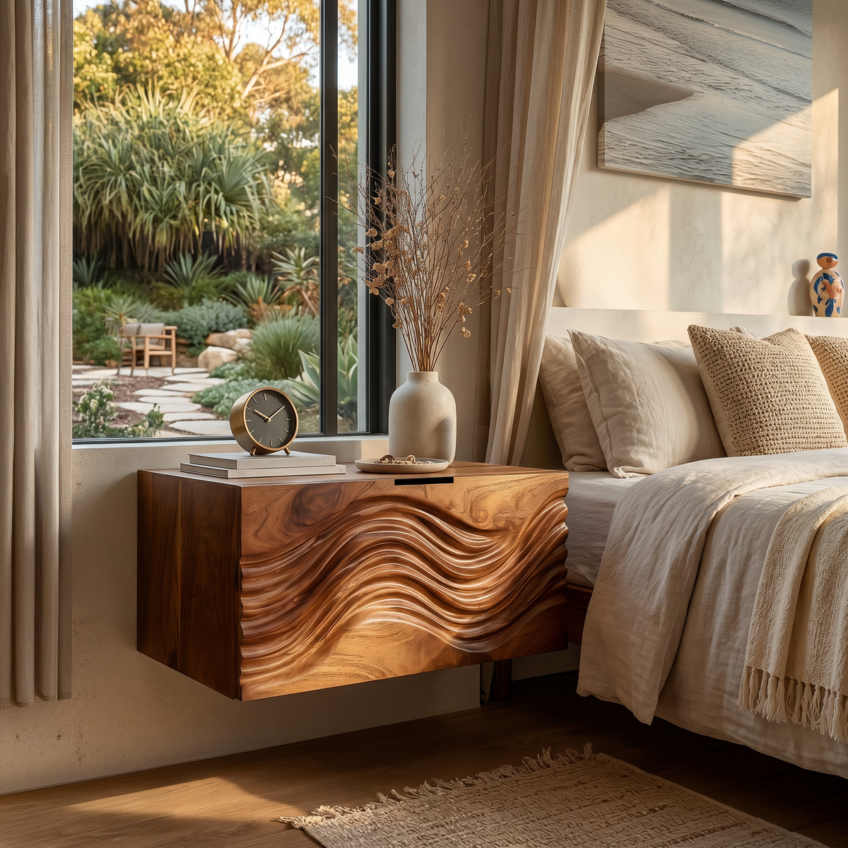 Modern Wooden Floating Nightstand With Wave Carved Front For Bedroom