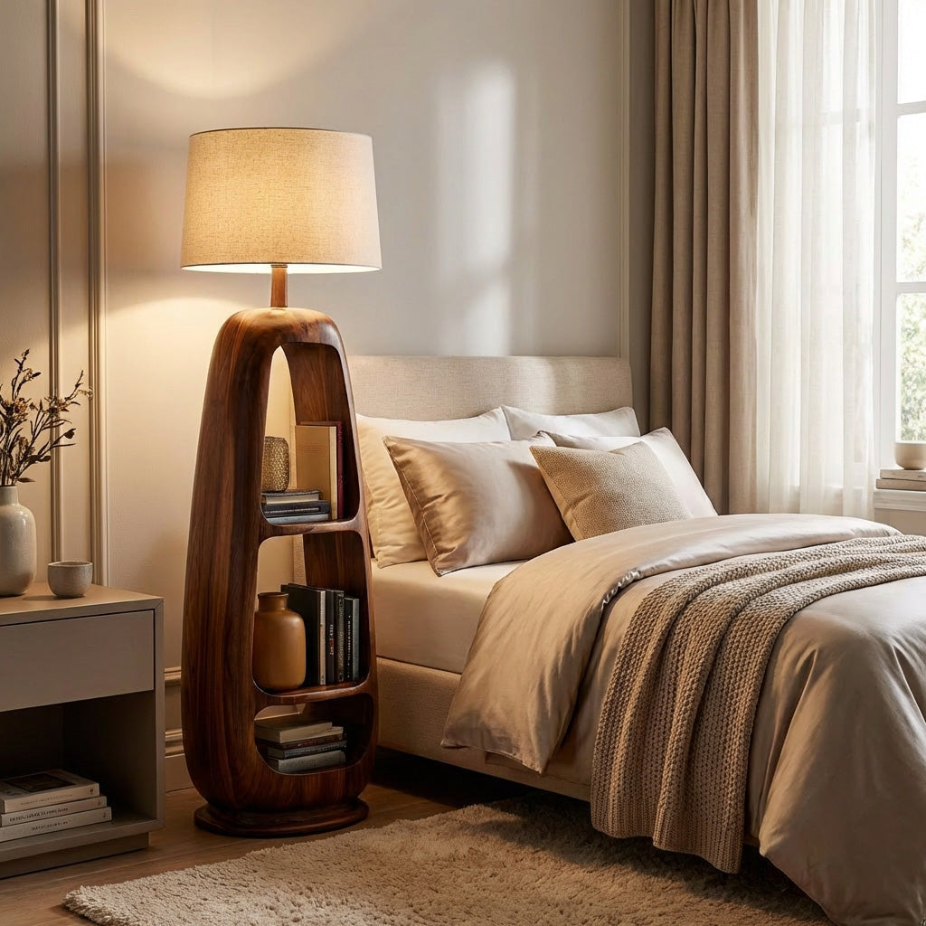 Minimalist Wooden Floor Lamp With Multiple Shelves For Living Decor