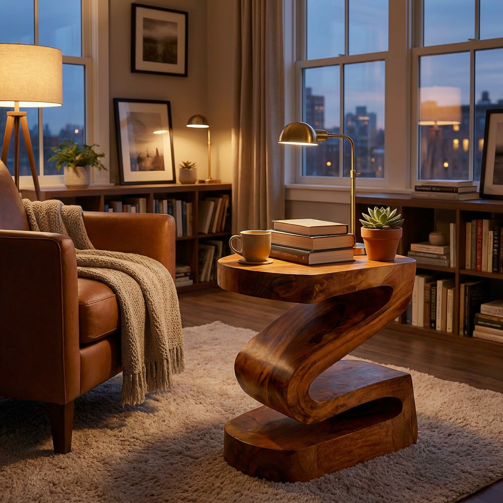 Elegant Natural Wood Nightstand With Curved Form For Bedroom
