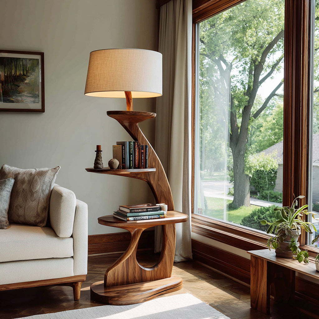 Modern Wooden Floor Lamp With 2-Tier Shelving Unit For Home