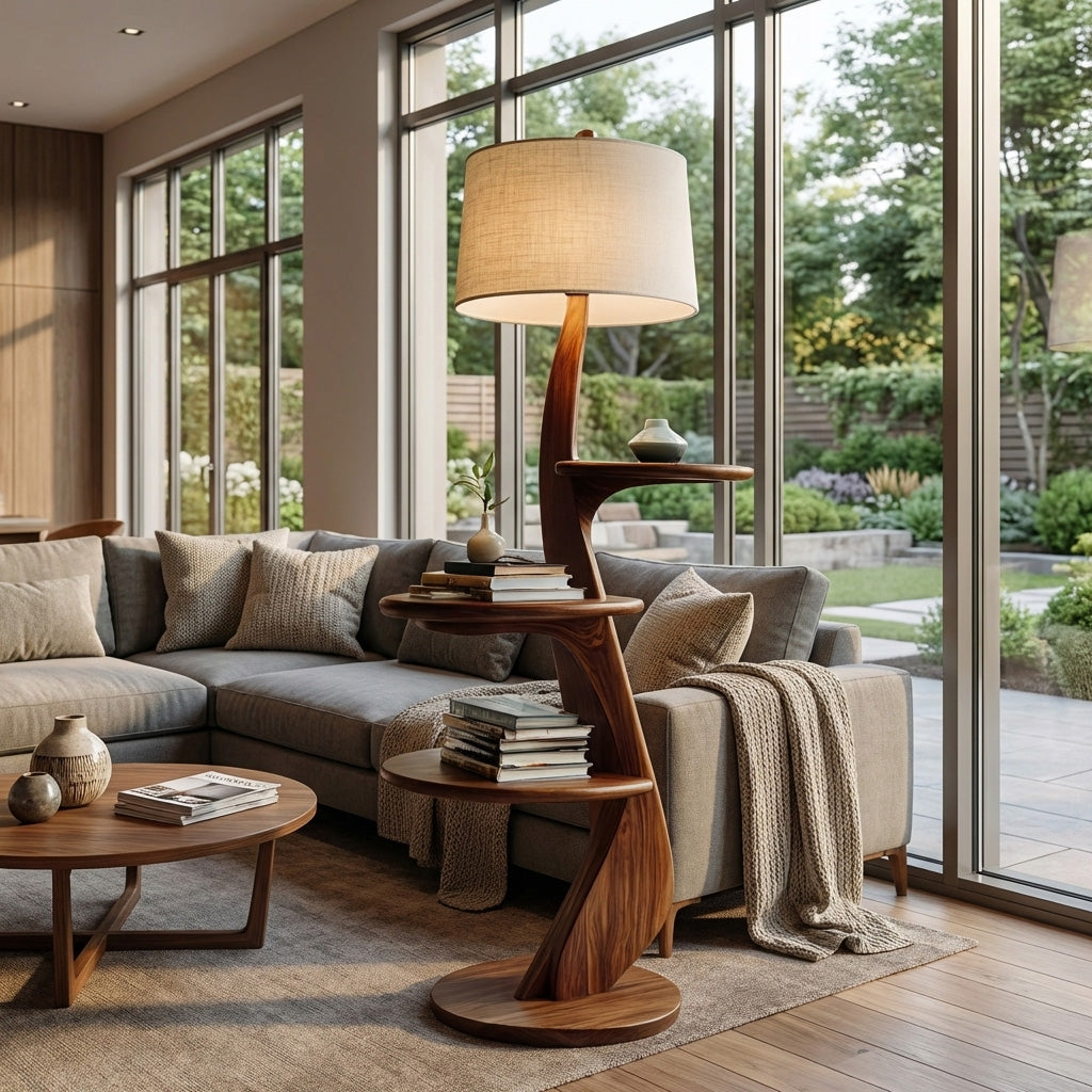 Contemporary Wooden Floor Lamp With Shelf For Living Room