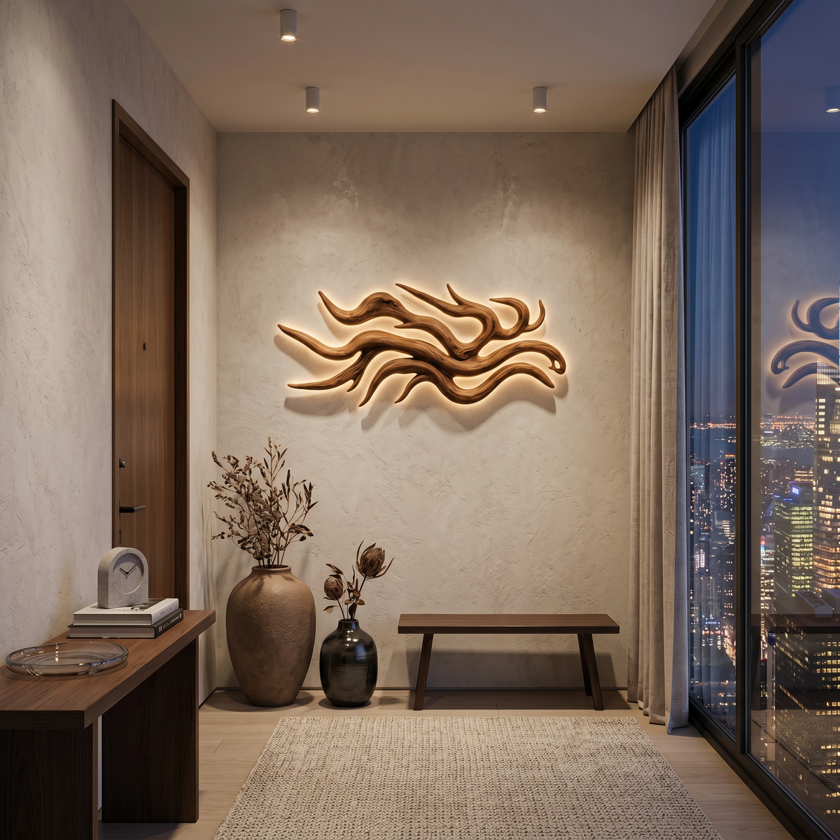 Artistic Wood LED Wall Sculpture Flowing Root Design For Bedroom Decor