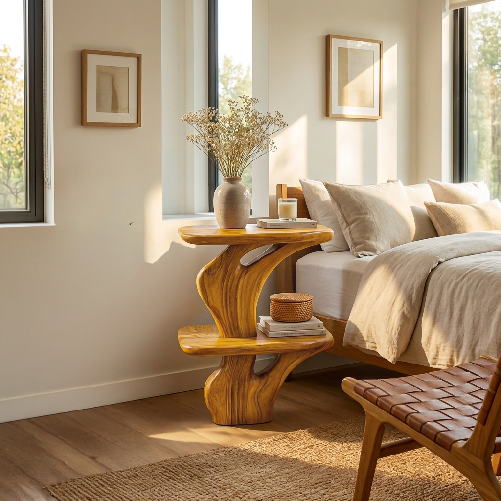 Handcrafted Wooden Nightstand Unique Two Tier Design For Bedroom